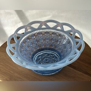 Katy Blue Opalescent Imperial VTG Pressed Glass Bowl with lace fenestrated rim